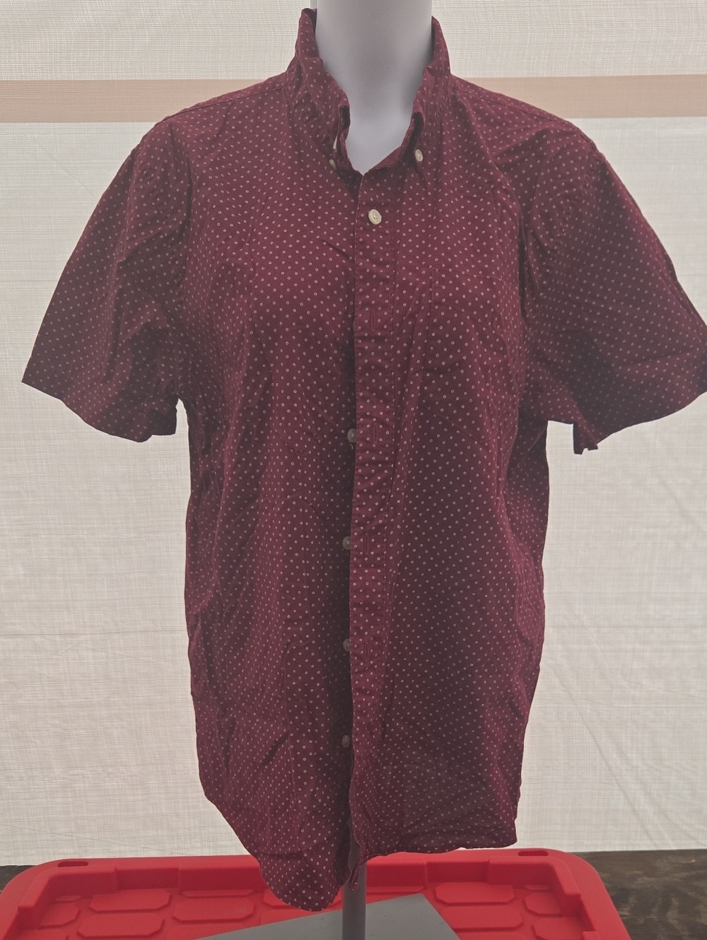 American Eagle Outfitters Burgundy Short-Sleeve Button-Down with Micro Dots